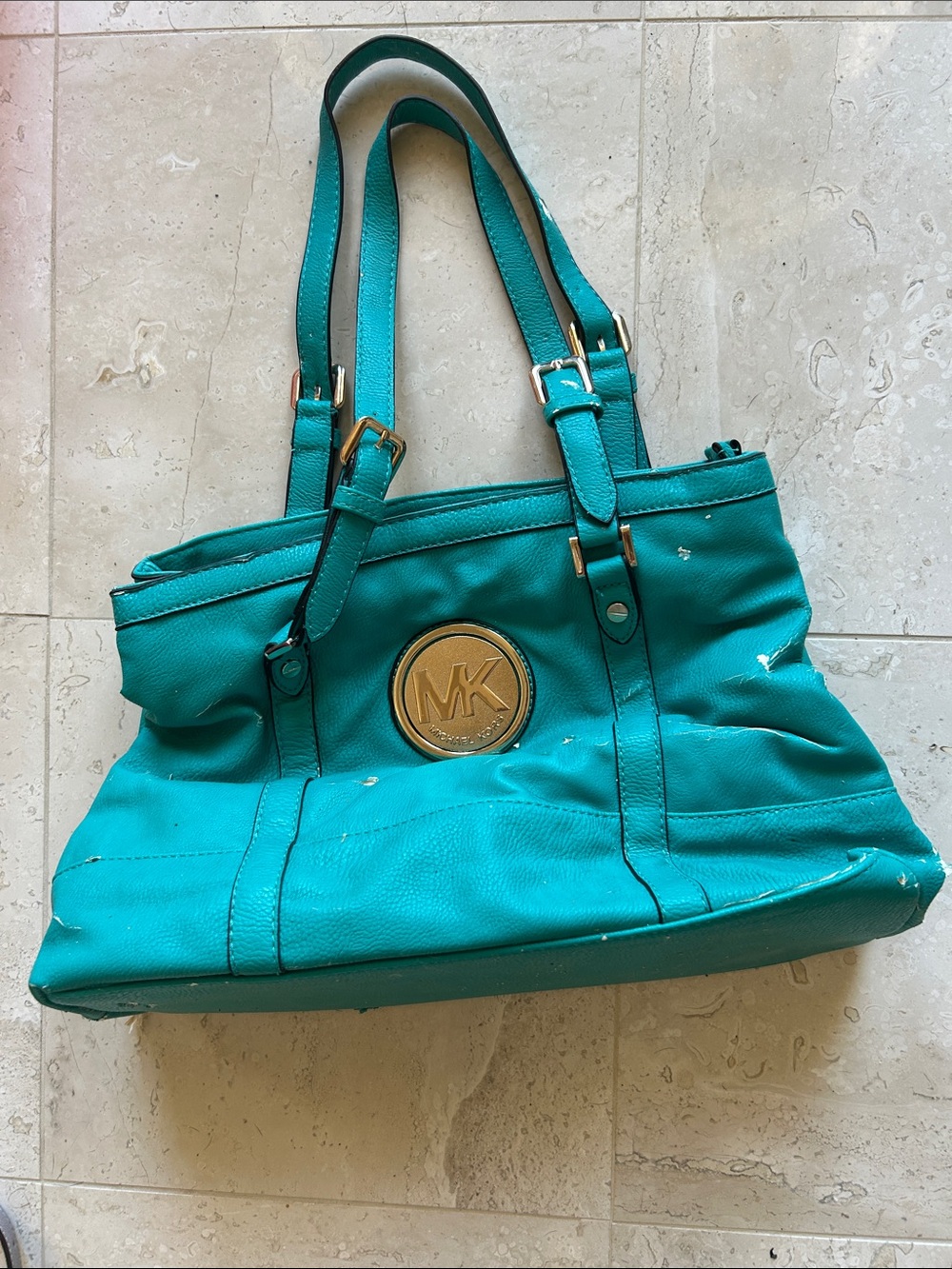 Michael Kors Teal Leather Logo Tote with Gold Medallion